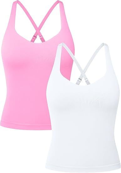 V Neck Cross Back Sports Bra for Women Padded Adjustable Straps Medium Impact Gym Workout Tank Top 2 Pack