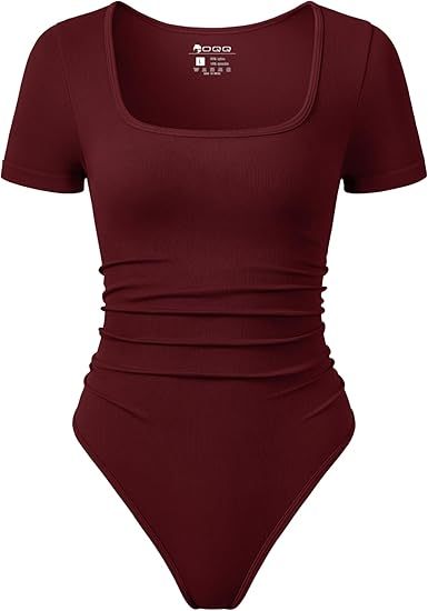 Women Bodysuits Ruched Short Sleeve Square Neck Stretch Lounge Travel Bodysuits
