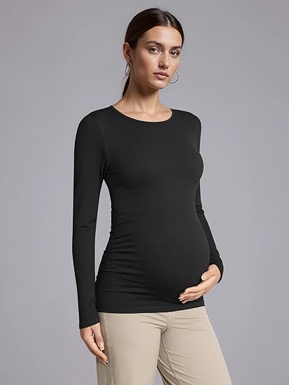 Women's Maternity Shirts Crew Neck Maternity Top Long Sleeve Casual Tee Side Ruched Pregnancy Clothes