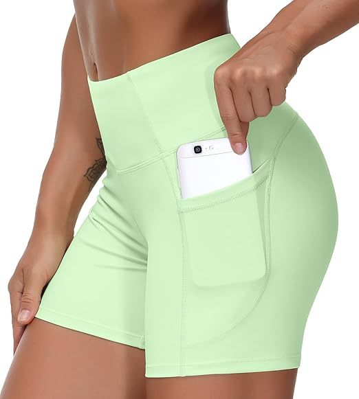 High Waist Yoga Shorts for Women's Tummy Control Fitness Athletic Workout Running Shorts with Deep Pockets