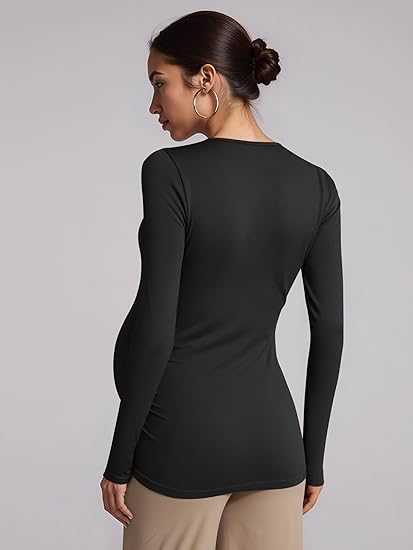 Women's Maternity Shirts Crew Neck Maternity Top Long Sleeve Casual Tee Side Ruched Pregnancy Clothes