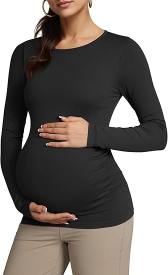 Women's Maternity Shirts Crew Neck Maternity Top Long Sleeve Casual Tee Side Ruched Pregnancy Clothes