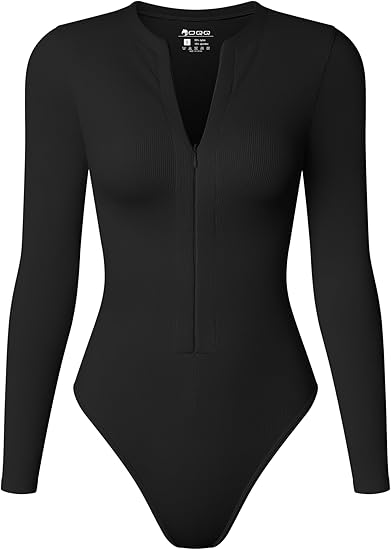 Women's Bodysuit Tops Invisible Zip Long Sleeve Crew Neck Bodysuits