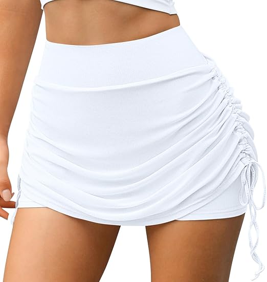 Women Tennis Skirts 2 in 1 Drawstring Mesh Ruched Athletic Skirts with Shorts High Waisted Gym Skort for Workout