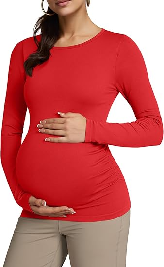 Women's Maternity Shirts Crew Neck Maternity Top Long Sleeve Casual Tee Side Ruched Pregnancy Clothes