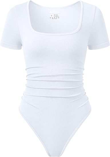 Women Bodysuits Ruched Short Sleeve Square Neck Stretch Lounge Travel Bodysuits