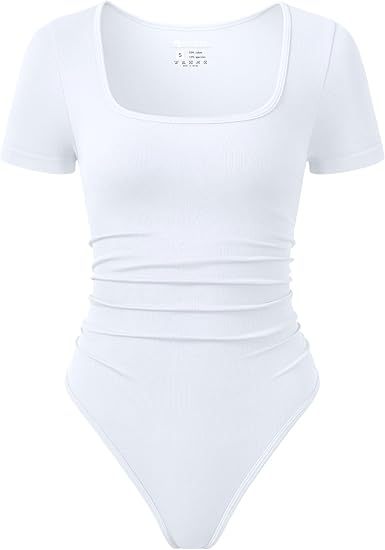 Women Bodysuits Ruched Short Sleeve Square Neck Stretch Lounge Travel Bodysuits