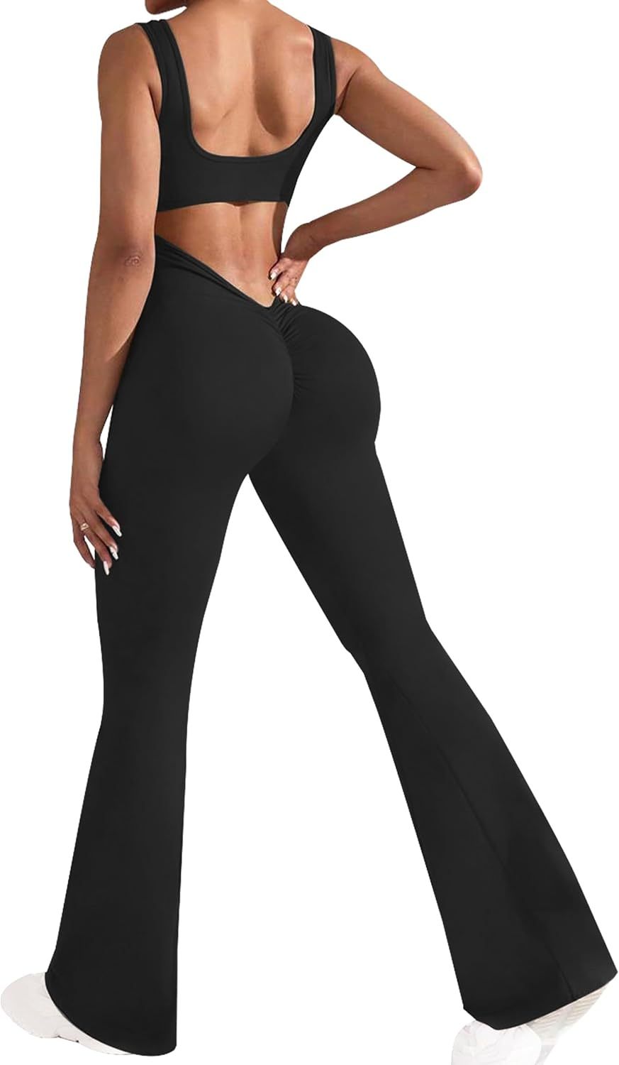  Womens Flare Jumpsuits One Piece Seamless Butt Scrunch Workout Romper Square Neck Backless Wide Leg Unitard