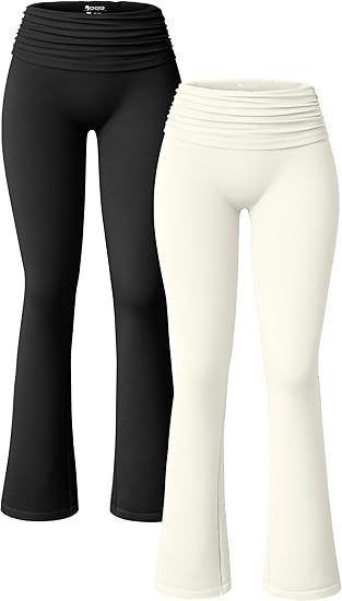 Women's 2 Piece Flared Pants Ribbed Fold Over Kick Ruched Stretch High Waist Casual Wide Leg