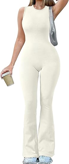 Women Yoga Jumpsuits Ribbed Crew Neck Sleeveless Bell Bottoms Flare Jumpsuits