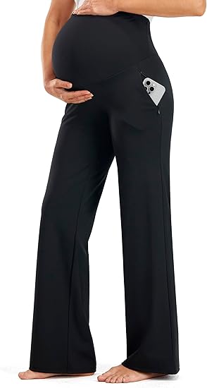 Smooth Feeling Wide-Leg Maternity Work Pants Soft Pregnancy Yoga Pants with Zippered Pockets Over The Belly