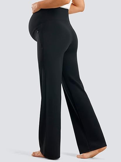 Smooth Feeling Wide-Leg Maternity Work Pants Soft Pregnancy Yoga Pants with Zippered Pockets Over The Belly
