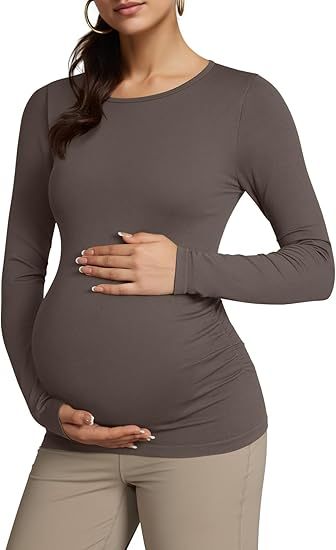 Women's Maternity Shirts Crew Neck Maternity Top Long Sleeve Casual Tee Side Ruched Pregnancy Clothes
