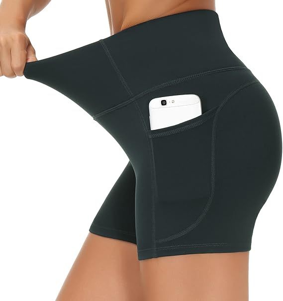 High Waist Yoga Shorts for Women's Tummy Control Fitness Athletic Workout Running Shorts with Deep Pockets