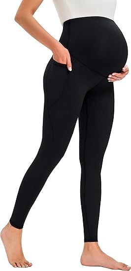 Smooth Feeling Maternity Leggings Over The Belly with Pockets Workout Pregnancy Pants