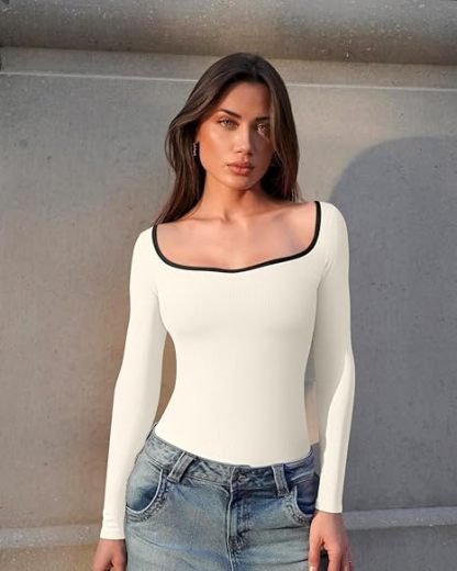 Women Bodysuit Contrast-Trim Square Neck Long Sleeve Stretch Bodysuit Tops