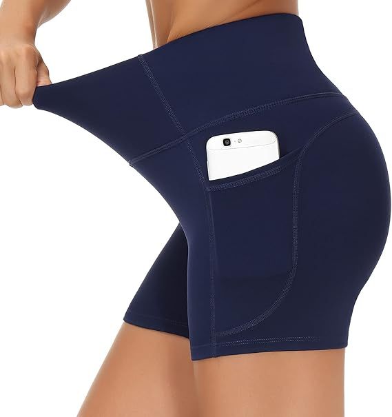 High Waist Yoga Shorts for Women's Tummy Control Fitness Athletic Workout Running Shorts with Deep Pockets