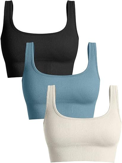 Women's 3 Piece Medium Support Tank Top Ribbed Seamless Removable Cups Workout Exercise Sport Bra