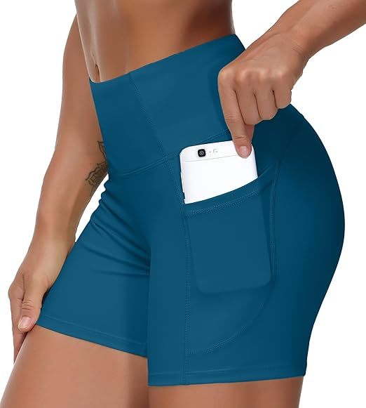 High Waist Yoga Shorts for Women's Tummy Control Fitness Athletic Workout Running Shorts with Deep Pockets