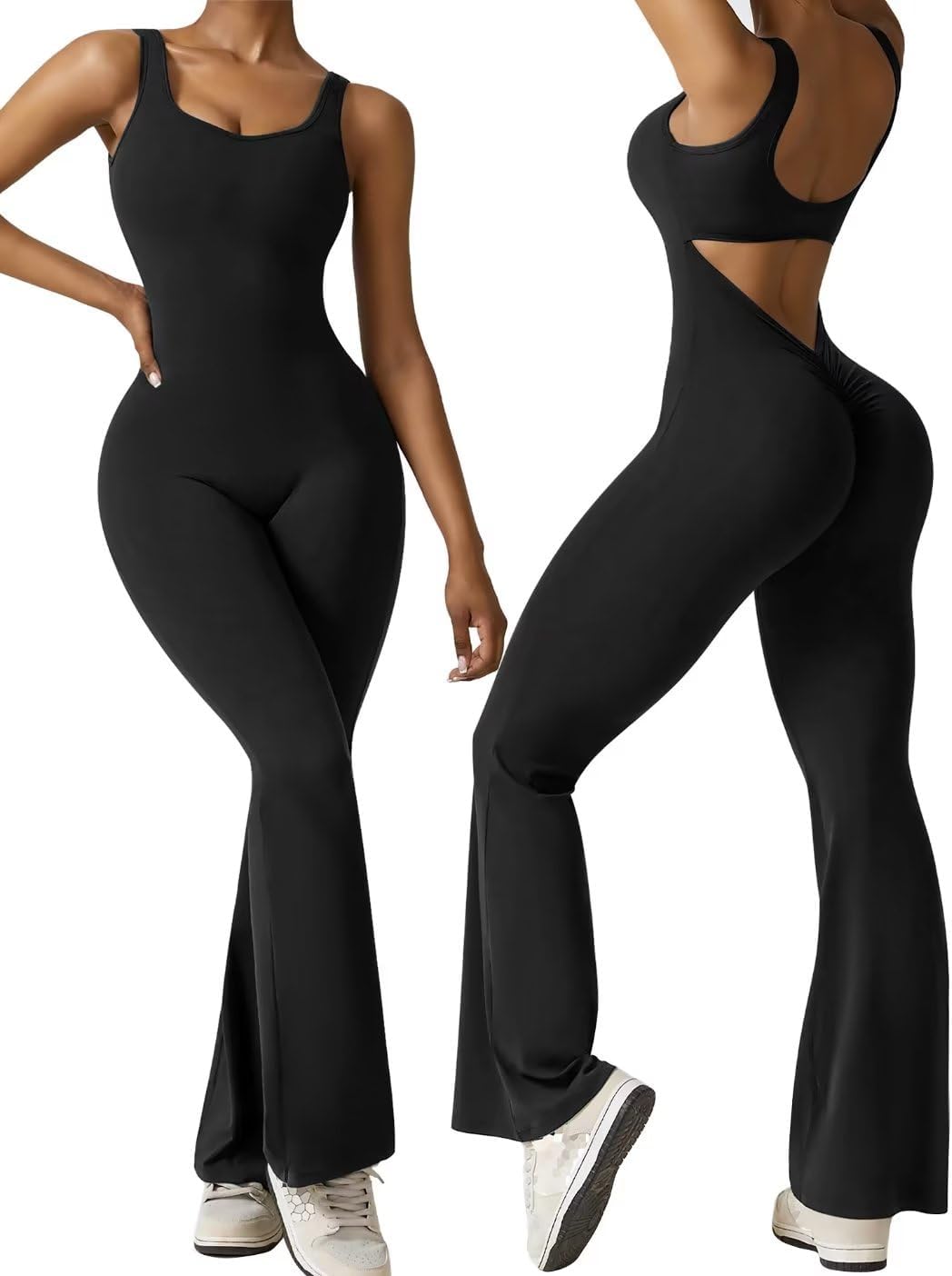  Sleeveless Flare Jumpsuits for Women Sexy Backless Bodycon V Back Scrunch Butt Yoga Rompers Seamless Workout Bodysuit