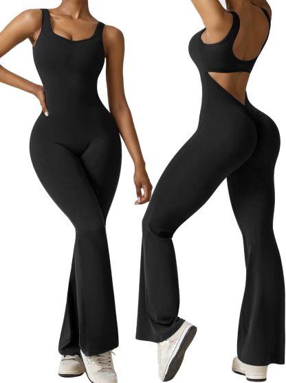  Sleeveless Flare Jumpsuits for Women Sexy Backless Bodycon V Back Scrunch Butt Yoga Rompers Seamless Workout Bodysuit