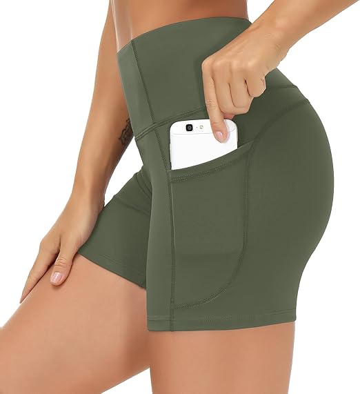 High Waist Yoga Shorts for Women's Tummy Control Fitness Athletic Workout Running Shorts with Deep Pockets