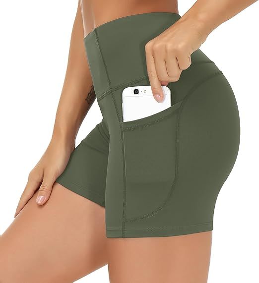 High Waist Yoga Shorts for Women's Tummy Control Fitness Athletic Workout Running Shorts with Deep Pockets