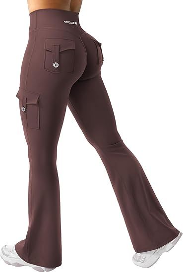 CoreFlex Women Workout Flare Leggings with Pockets Hidden Scrunch High Waisted Cargo Gym Yoga No Front Seam Leggings