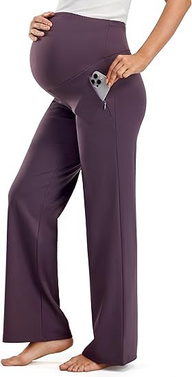 Smooth Feeling Wide-Leg Maternity Work Pants Soft Pregnancy Yoga Pants with Zippered Pockets Over The Belly