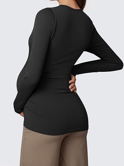 Women's Maternity Shirts Crew Neck Maternity Top Long Sleeve Casual Tee Side Ruched Pregnancy Clothes