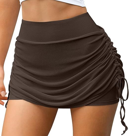 Women Tennis Skirts 2 in 1 Drawstring Mesh Ruched Athletic Skirts with Shorts High Waisted Gym Skort for Workout