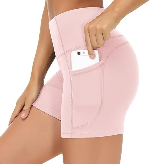 High Waist Yoga Shorts for Women's Tummy Control Fitness Athletic Workout Running Shorts with Deep Pockets