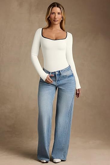 Women Bodysuit Contrast-Trim Square Neck Long Sleeve Stretch Bodysuit Tops