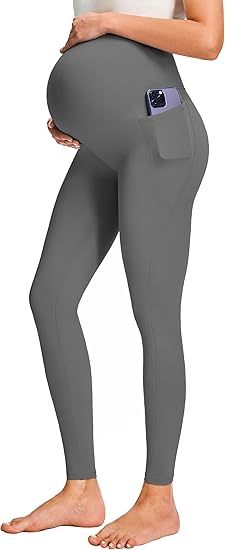 Smooth Feeling Maternity Leggings Over The Belly with Pockets Workout Pregnancy Pants