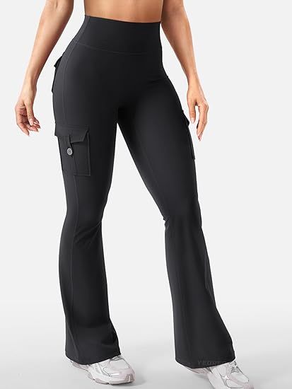 CoreFlex Women Workout Flare Leggings with Pockets Hidden Scrunch High Waisted Cargo Gym Yoga No Front Seam Leggings