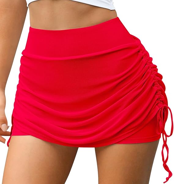 Women Tennis Skirts 2 in 1 Drawstring Mesh Ruched Athletic Skirts with Shorts High Waisted Gym Skort for Workout