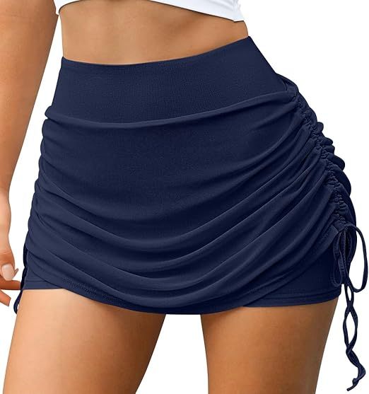 Women Tennis Skirts 2 in 1 Drawstring Mesh Ruched Athletic Skirts with Shorts High Waisted Gym Skort for Workout