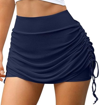 Women Tennis Skirts 2 in 1 Drawstring Mesh Ruched Athletic Skirts with Shorts High Waisted Gym Skort for Workout