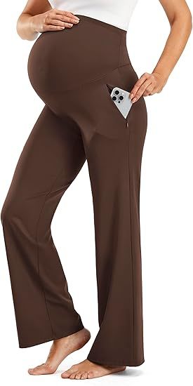 Smooth Feeling Wide-Leg Maternity Work Pants Soft Pregnancy Yoga Pants with Zippered Pockets Over The Belly