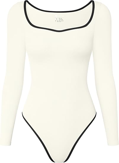 Women Bodysuit Contrast-Trim Square Neck Long Sleeve Stretch Bodysuit Tops