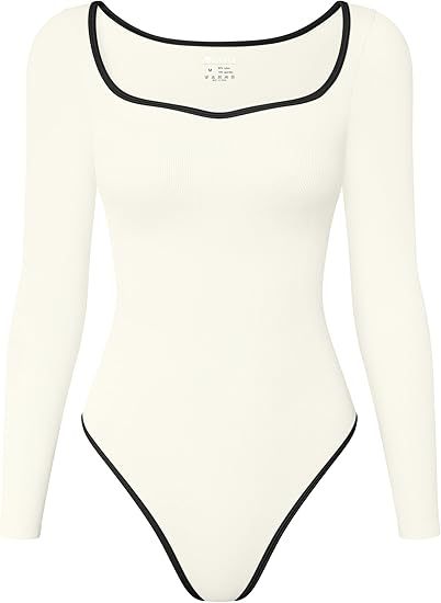 Women Bodysuit Contrast-Trim Square Neck Long Sleeve Stretch Bodysuit Tops