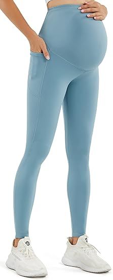 Smooth Feeling Maternity Leggings Over The Belly with Pockets Workout Pregnancy Pants