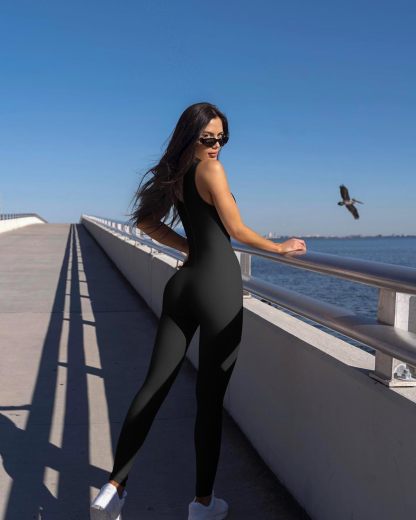  Women Yoga Jumpsuits Workout Ribbed Sleeveless Sport Jumpsuits Black