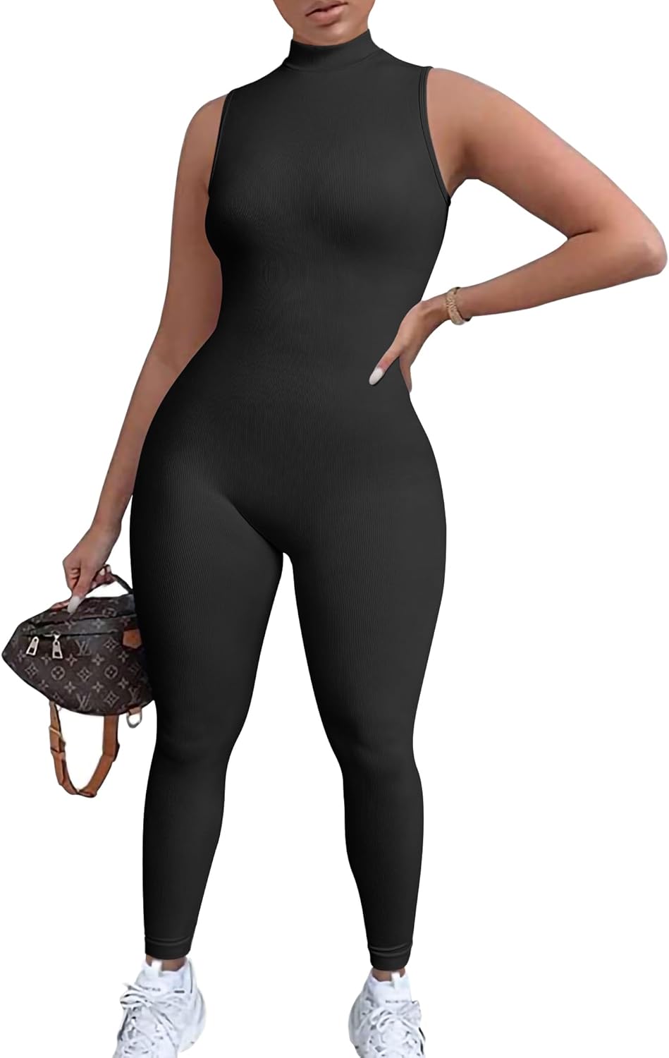  Women Yoga Jumpsuits Workout Ribbed Sleeveless Sport Jumpsuits Black