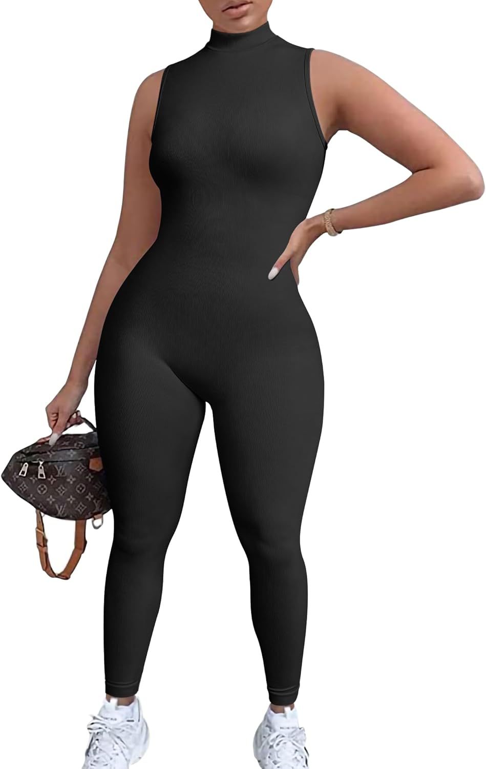 Women Yoga Jumpsuits Workout Ribbed Sleeveless Sport Jumpsuits Black