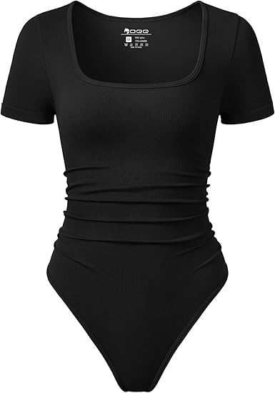 Women Bodysuits Ruched Short Sleeve Square Neck Stretch Lounge Travel Bodysuits