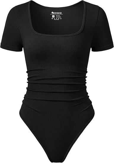 Women Bodysuits Ruched Short Sleeve Square Neck Stretch Lounge Travel Bodysuits