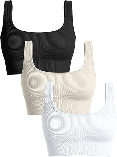 Women's 3 Piece Medium Support Tank Top Ribbed Seamless Removable Cups Workout Exercise Sport Bra