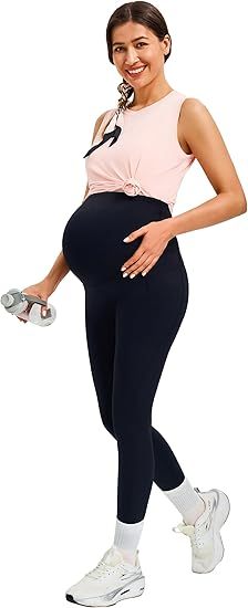 Smooth Feeling Maternity Leggings Over The Belly with Pockets Workout Pregnancy Pants