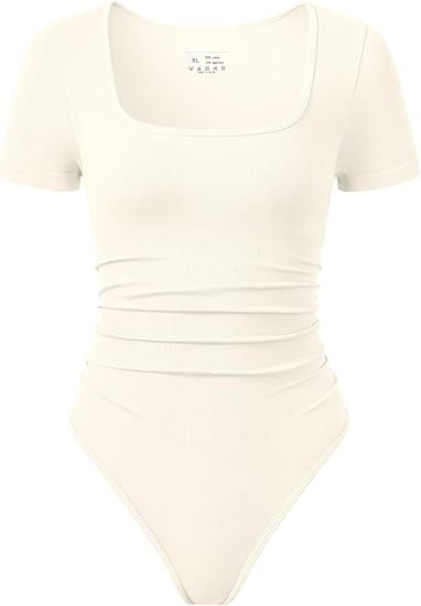 Women Bodysuits Ruched Short Sleeve Square Neck Stretch Lounge Travel Bodysuits